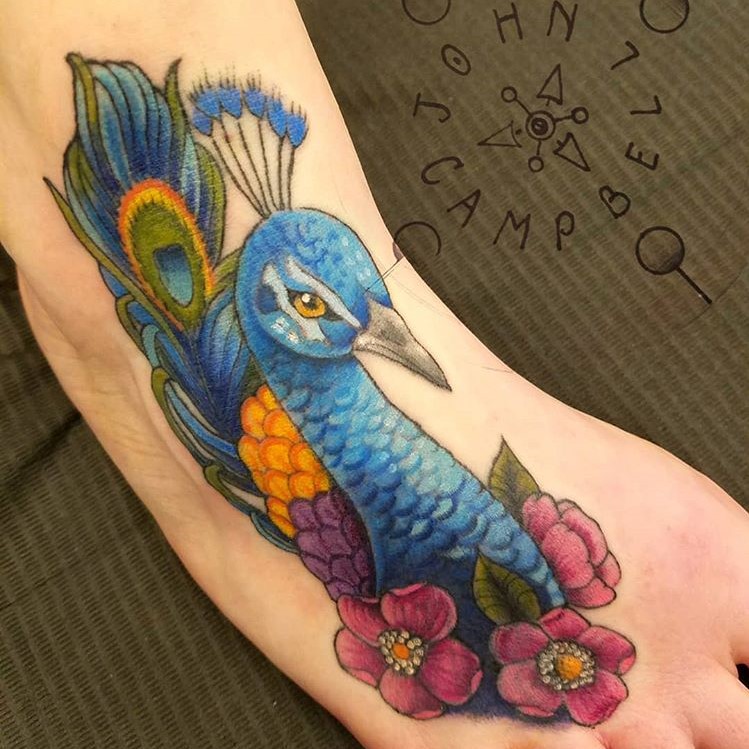 Color Peacock Tattoo by Tattoo Artist John Campbell in Durham, NC for Sacred Mandala Studio.